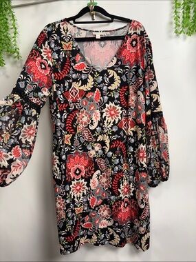 Floral V-Neck Bell Sleeve Tunic Dress - Black with Red & Cream Floral